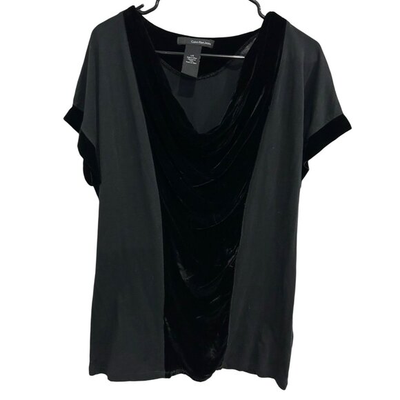 Calvin Klein Jeans Black Draped Velvet Accent Short Sleeved Top Sz Large - Picture 1 of 10